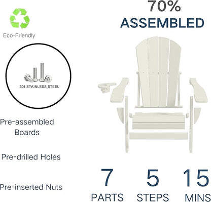 Foldable Adirondack Chair with Cup Holder-Heavy Duty Recycled HDPE Outdoor Patio Furniture, Weather Resistant Deck Lawn Fire Pit Chair (White, 2 Chair)