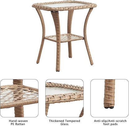 Rilyson Patio Tables Wicker Side Table - Rattan Coffee Tables with Glass Top End Table for Outdoor Outside Patio Porch Square Yellow