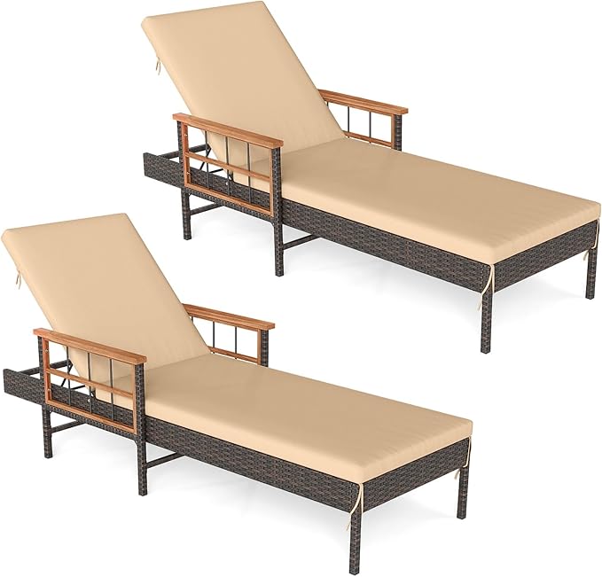 Tangkula Lounge Chairs Outdoor Set of 2, Patio Rattan Chaise Lounge with 4-Level Adjustable Backrest & Acacia Wood Armrests, Wicker Sunbathing Reclining Lounger with Soft Cushions for Outside (Beige)