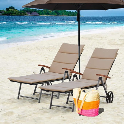 COSTWAY 2 PCS Folding Rattan Lounge with Wheels, Aluminum Patio Lounger with 7 Adjustable Positions, Soft Cushion, Ideal for Outdoor Use (Brown)