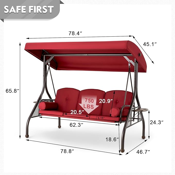 HOMREST 3 Seat Outdoor Porch Swing with Adjustable Canopy, Convertible Patio Swing Bed with Stand - Photo 7