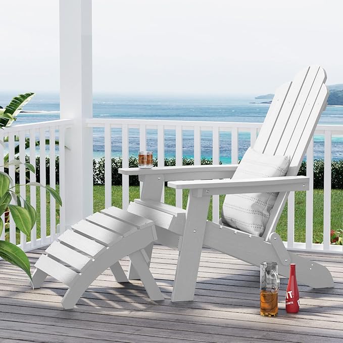 MXIMU Folding Adirondack Ottoman Set of 4: HIPS Plastic Outdoor Footrest Easy Assembly - All Weather Foot Stool Foot Rest for Adirondack Chair Use in Patio Garden Backyard Pool (White)