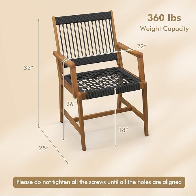 Tangkula Outdoor Acacia Wood Dining Chairs Set of 2, All-Weather Rope Woven Patio Chairs with Armrests - Photo 3