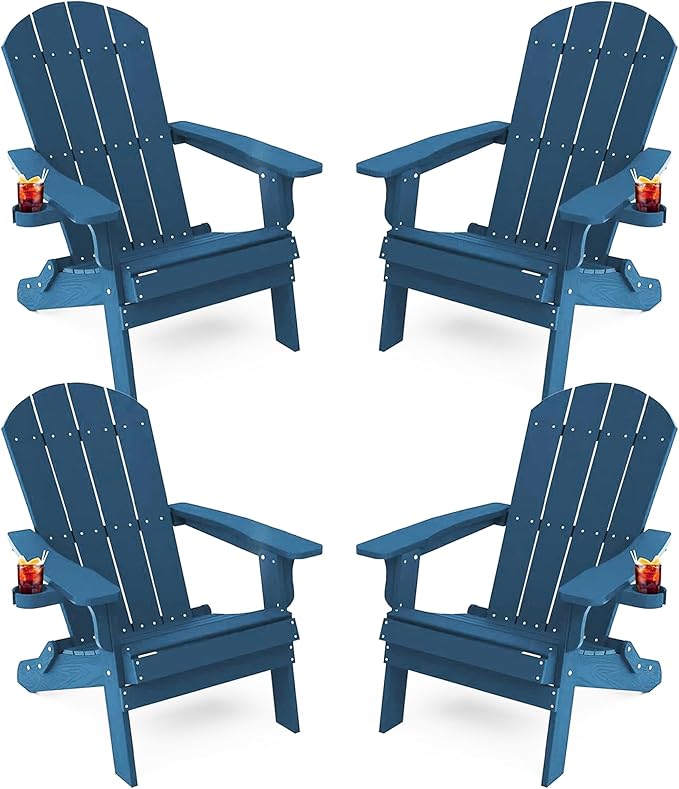 YEFU Adirondack Chair, Foldable Oversized Plastic Adirondack Chair Set of 4 with Cup Holder, Patio Chair with Weather Resistant for Outside Deck Lawn, Weight Capacity Up to 400 Lbs –Navy