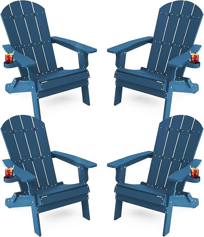 YEFU Adirondack Chair, Foldable Oversized Plastic Adirondack Chair Set of 4 with Cup Holder, Patio Chair with Weather Resistant for Outside Deck Lawn, Weight Capacity Up to 400 Lbs –Navy