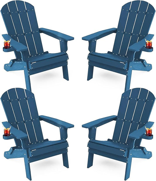 YEFU Adirondack Chair, Foldable Oversized Plastic Adirondack Chair Set of 4 with Cup Holder, Patio Chair with Weather Resistant for Outside Deck Lawn, Weight Capacity Up to 400 Lbs –Navy