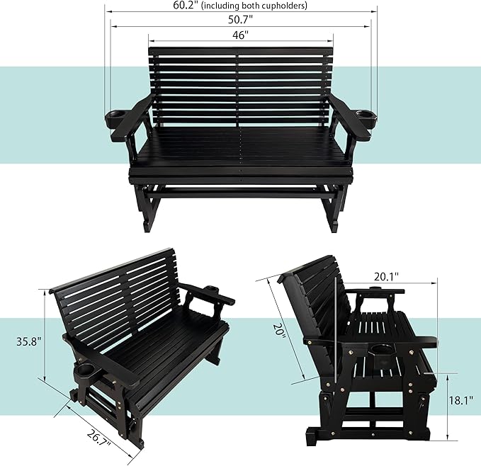 Fortune Candy Patio Glider with Cup Holders, High Roll Back and Deep Contoured Seat,Heavy Duty 800 Lb (Black, 2-Seater) - Photo 2