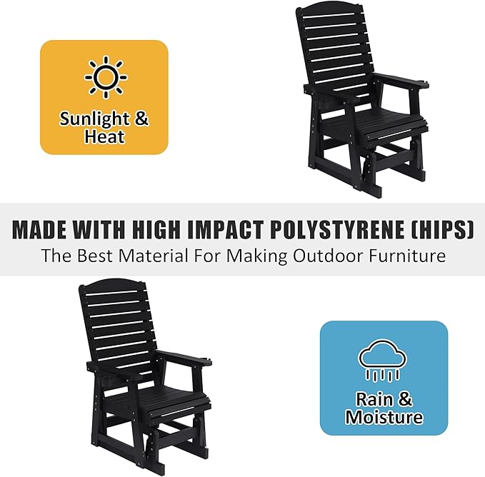 Poly Lumber Patio Glider for One Person, with Cup Holders, High Backrest and Deep Contoured Seat, HIPS Material, All-Weather Resistant, Heavy Duty 700 Pounds (Black)
