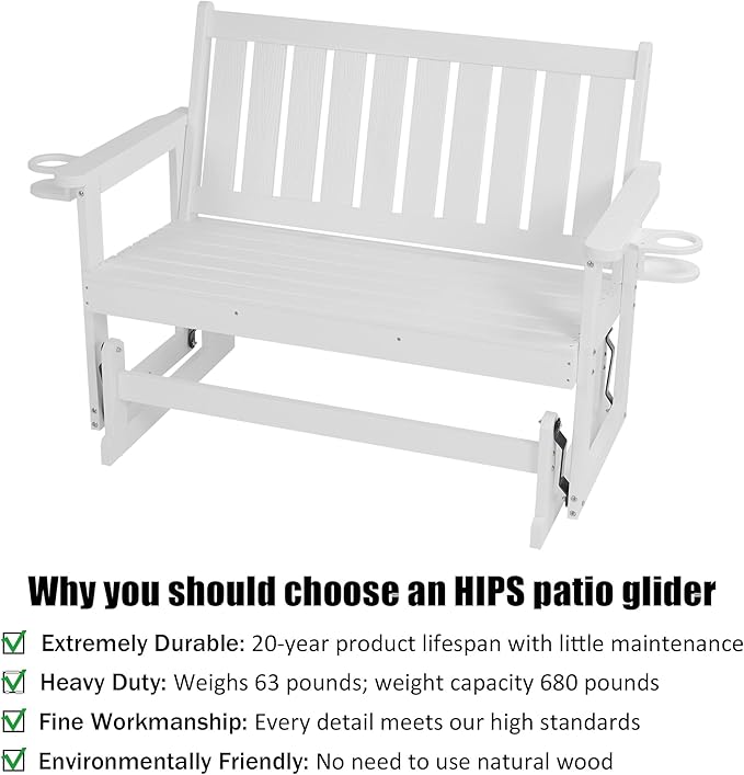 Poly Lumber Patio Glider, HIPS Material Weather-Resistant Swing Bench for Outdoor Porch Garden, White - Photo 4