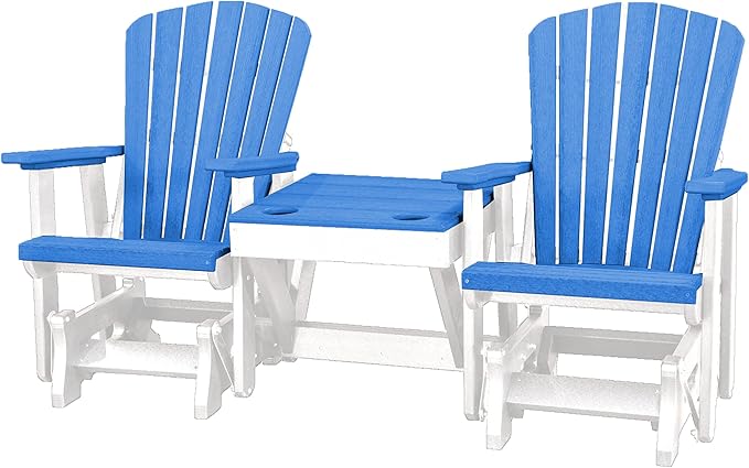 DutchCrafters Slat Fan Back Double Poly Adirondack Glider Outdoor Patio Chairs with Center Table (White & Blue)