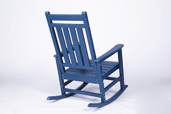 Oversized Rocking Chair with Wood-Texture, Outdoor Rocking Chair for Adults, All Weather Resistant Porch Rocker for Lawn Garden (Navy Blue)