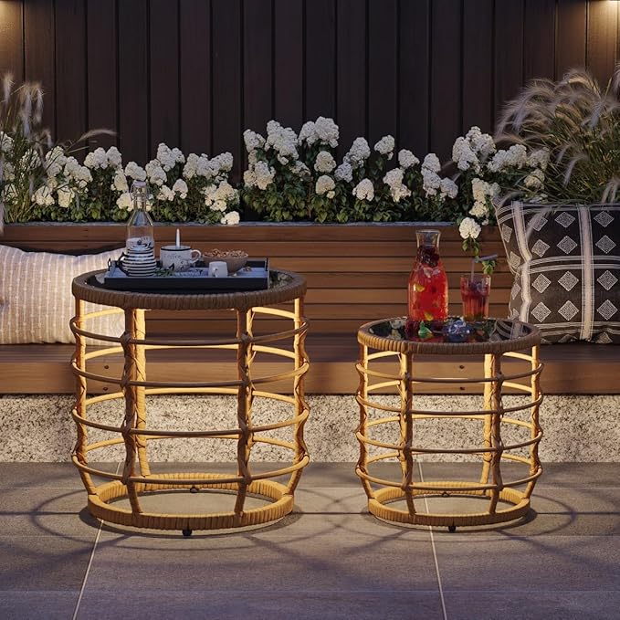 Lovinouse Rattan Round Side Table Set of 2, Small Circle Desk with Solar Lights and Tempered Glass Top,Weather-Resistant Wicker for Patio, Small Coffee End Table for Outdoor Living, Patio,Natural