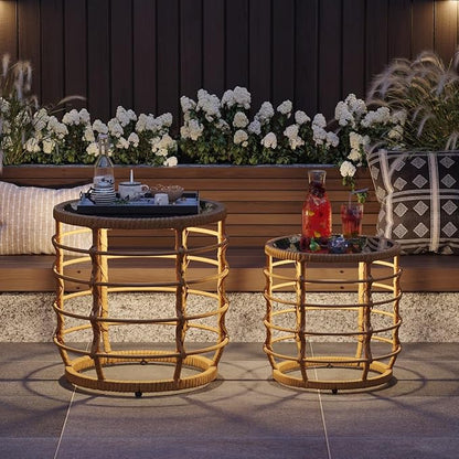 Lovinouse Rattan Round Side Table Set of 2, Small Circle Desk with Solar Lights and Tempered Glass Top,Weather-Resistant Wicker for Patio, Small Coffee End Table for Outdoor Living, Patio,Natural