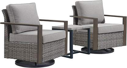 Outdoor Patio Swivel Rocker Chairs - 3 Piece Wicker Patio Furniture Bistro Set with 2 Swivel Rocking Chairs and 1 Metal Side Table,Thick Cushions,Deep Seating for Deck Porch Garden(Mixed Grey/Grey)