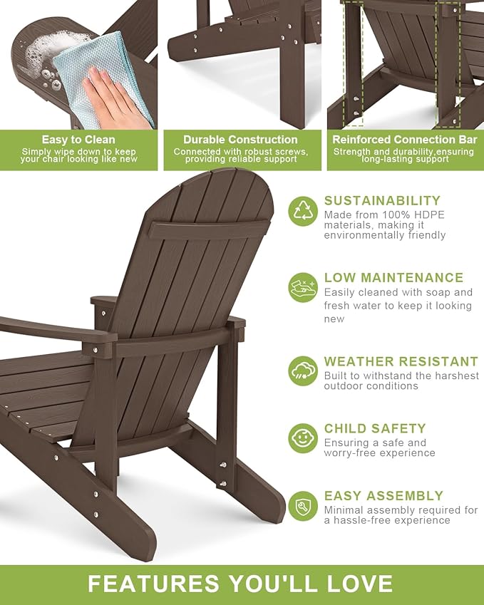 Y&M Adirondack Chair Set of 2, Dark Brown Fire Pit Chairs, Outdoor Patio Chairs with Cup Holder, Weather Resistant HDPE Wooden Textured Patio Chairs, Perfect for Garden, Lawn, Deck, or Poolside