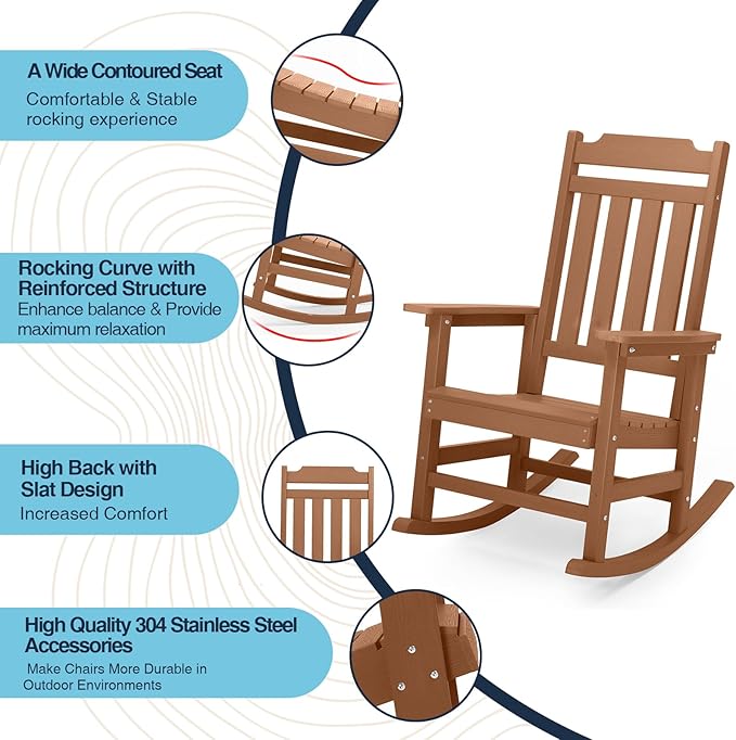 Rocking Chair, All Weather Resistant Poly Lumber Outdoor Porch Rocker, Rocking Chairs for Outdoor, Indoor, Patio, Deck, Garden, Backyard, Load Bearing 380 lbs - Teak