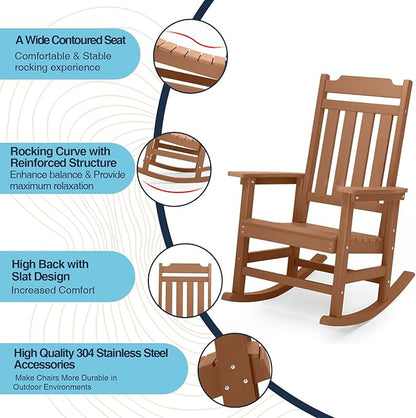 Rocking Chairs Set of 2, All Weather Resistant Poly Lumber Outdoor Porch Rocker, Rocking Chairs for Outdoor, Indoor, Patio, Deck, Garden, Backyard, Load Bearing 380 lbs - Teak