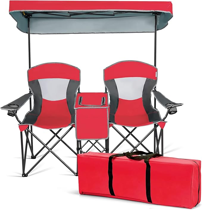 S AFSTAR Double Camping Chair w/Shade Canopy, 2-Person Folding Camp and Beach Chair with Mini Table Beverage Cup Holder Carrying Bag, Collapsible Camping Chairs for Garden Patio Pool Beach