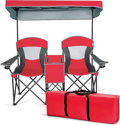 S AFSTAR Double Camping Chair w/Shade Canopy, 2-Person Folding Camp and Beach Chair with Mini Table Beverage Cup Holder Carrying Bag, Collapsible Camping Chairs for Garden Patio Pool Beach
