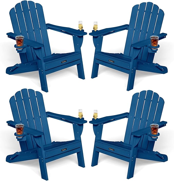 Adirondack Chairs Set of 4, HDPE Fire Pit Chairs, Plastic Adirondack Chairs with 2 Cup Holder, Outdoor Lawn Chair for Patio Garden, Navy Blue