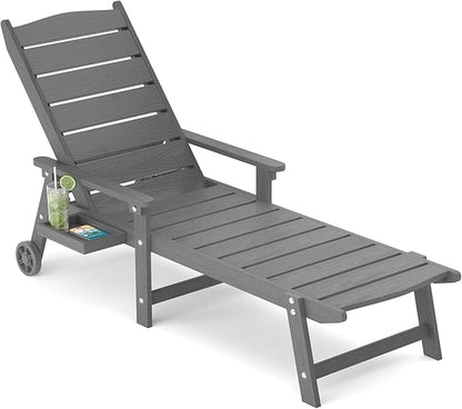 Outdoor Chaise Lounge Chair with Wheels, 6.3ft Full-Length Patio Pool Lounge Chairs,5-Position Adjustable Backrest (Flat Recline), Flip-Down Side Tray,HIPS All-Weather for Poolside, Deck,Beach