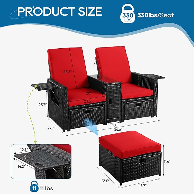 5PCS Outdoor Wicker Chaise Lounge Chair - Rattan Adjustable Reclining Patio Lounge Chair with Ottoman and Coffee Table, for Patio Beach Pool Backyard (Black Wicker Red Cushion)
