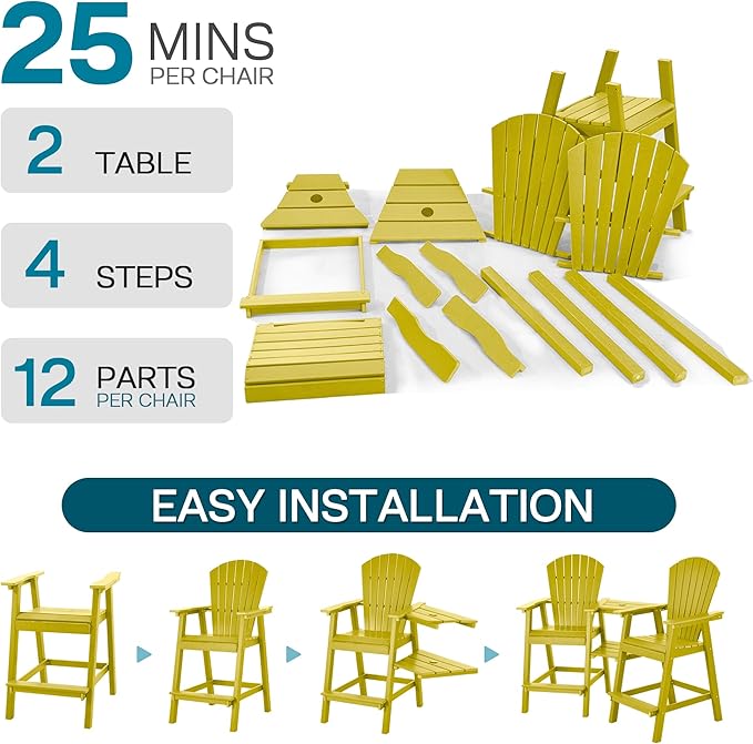Tall Adirondack Chairs Set of 2, HDPE Balcony Chair with Double Connecting Tray, Weather Resistant Outdoor Adirondack Bar Stools for Patio, Deck, Patio, Backyard, Balcony. (Yellow)