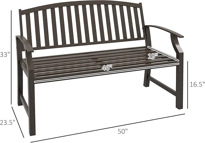 46" Outdoor Garden Bench, Metal Bench, Wood Look Slatted Frame Furniture for Patio, Park, Porch, Lawn, Yard, Deck, Brown