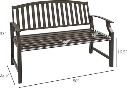 46" Outdoor Garden Bench, Metal Bench, Wood Look Slatted Frame Furniture for Patio, Park, Porch, Lawn, Yard, Deck, Brown