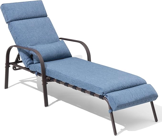 Crestlive Products Adjustable Chaise Lounge Chair with Cushion & Pillow, Outdoor Five-Position Recliner, All Weather for Patio, Beach, Yard, Pool (1PC Dark Blue)