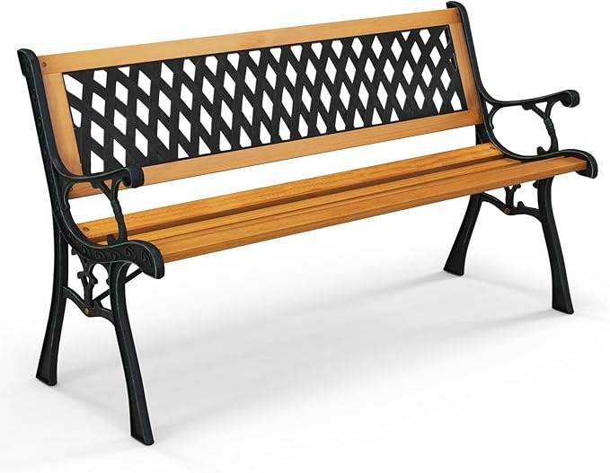 Tangkula Outdoor Garden Bench Park Bench, Patio Bench Chair with Cast Iron & Hardwood Structure - Photo 1