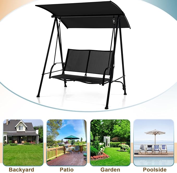 Tangkula 2 Person Porch Swing, Patio Swing with Adjustable Canopy, Comfortable Fabric Seat & Heavy-Duty Steel Frame - Photo 8