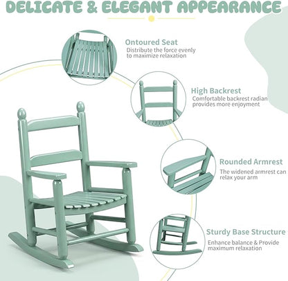 Outvita Kids Rocking Chair, Ergonomic Sturdy Toddler Rocking Chair with High Backrest & Rounded Armrests, Safe Solid Wood Baby Rocker Chair for Age 3-6, Outdoor, Living Room, Reading Room(Green)