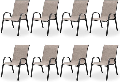 Patio Dining Chairs Set of 8, Outdoor High Stacking Chairs，Breathable Seat Fabric and Alloy Steel Frame for Backyard, Porch, Garden, Sunroom (Light Brown)