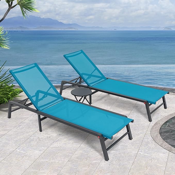 Aluminum Chaise Lounge Chair Outdoor, Foldable Patio Lounge Chair 2 Sets with Table Assemble-Free, Pool Lounge Chairs with 5 Adjustable Backrest, Outdoor Lounge Chairs for Outside Poolside Blue