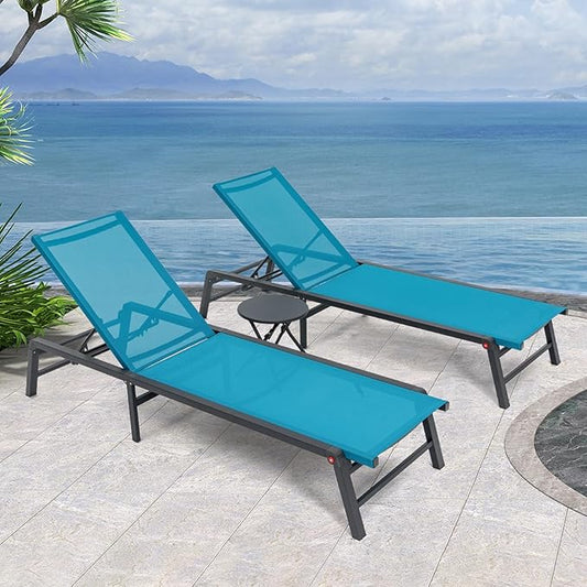 Aluminum Chaise Lounge Chair Outdoor, Foldable Patio Lounge Chair 2 Sets with Table Assemble-Free, Pool Lounge Chairs with 5 Adjustable Backrest, Outdoor Lounge Chairs for Outside Poolside Blue