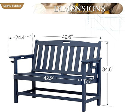 Sophia & William HDPE Outdoor Bench Weatherproof, 2-Person Garden Bench with Cup Holders, 700 lbs Capacity, Patio Benches for Porch, Garden, Backyard and Park, Navy
