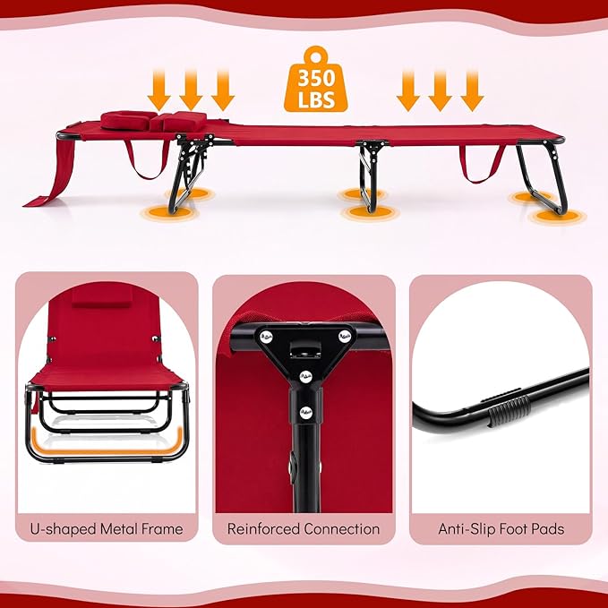 COSTWAY Tanning Chair with Face Hole, Pillows & Adjustable Backrest, Portable with Carrying Bag, Folding Beach Chaise Lounge for Sunbathing, Seaside (1, Red)