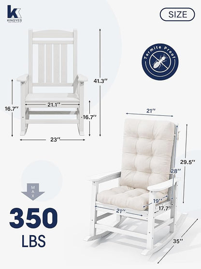 KINGYES Oversized Outdoor Rocking Chair with Cushion, All-Weather Patio Rocking Chairs, HDPE Porch Rocker for Adults, 350 lbs Capacity, White Chair with Beige Cushion