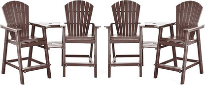 Tall Adirondack Chairs Set of 4, HDPE Balcony Chair with Double Connecting Tray, Weather Resistant Outdoor Adirondack Bar Stools for Patio, Deck, Patio, Backyard, Balcony. (Brown)