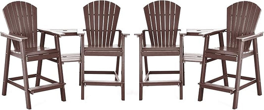 Tall Adirondack Chairs Set of 4, HDPE Balcony Chair with Double Connecting Tray, Weather Resistant Outdoor Adirondack Bar Stools for Patio, Deck, Patio, Backyard, Balcony. (Brown)