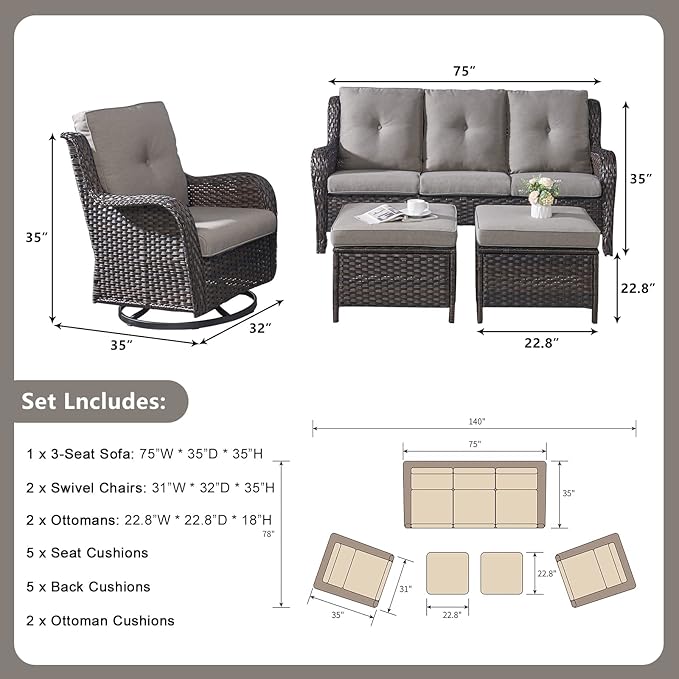 Rilyson Wicker Patio Furniture Set - 5 Piece Rattan Outdoor Sectional Conversation Sets with 2 Rocking Swivel Chairs - Photo 2