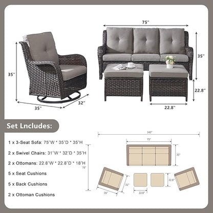 Rilyson Wicker Patio Furniture Set - 5 Piece Rattan Outdoor Sectional Conversation Sets with 2 Rocking Swivel Chairs,2 Ottomans and 1 Sofa for Porch Deck Garden(Brown/Grey)