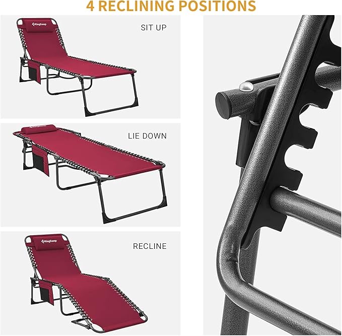 KingCamp Chaise Lounge Chairs Outdoor Foldable Patio Sun Chair for Outside Camping Sunbathing Beach Lawn Pool Garden Yard Folding Lightweight Heavy Duty Portable Adjustable Lounge with Pillow