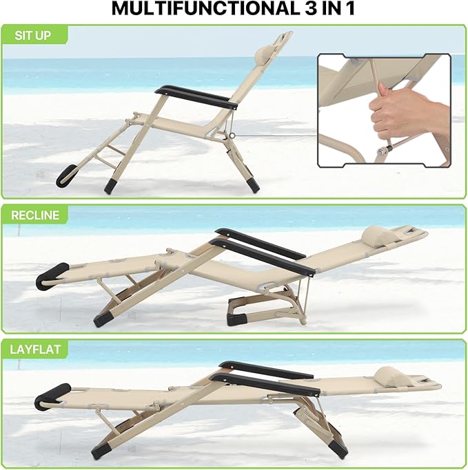Magshion Folding Reclining 3-Position Patio Chair Outdoor Lounge Chair with Footrest Folding Portable Outside Recliner Chair for Poolside Backyard Beach, 330 lbs (Cream)