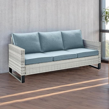 Rilyson Wicker Outdoor Couch Patio Sofa - 3 Seater Rattan Outdoor Patio Couch with Waterproof Wicker,Comfortable Cushions and Sturdy Metal Frame for Outside Porch Deck Backyard(Light Grey/Sky Blue)