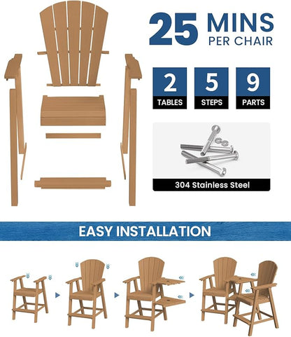Ciokea Tall Adirondack Chairs Set of 4, HDPE Outdoor Adirondack Bar Stools with Double Connecting Tray, Weather Resistant High Back Adirondack Balcony Chairs for Deck, Lawn, Pool, Backyard, Teak