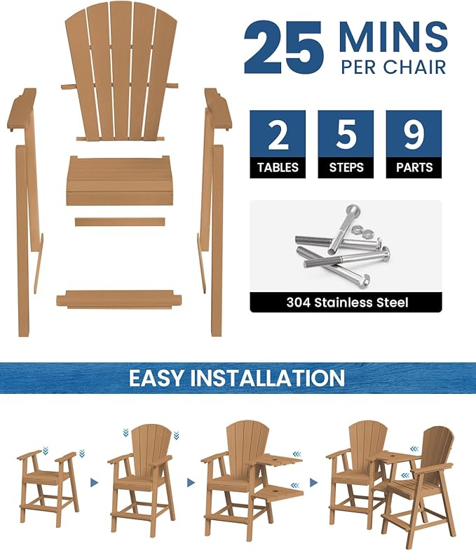 Ciokea Tall Adirondack Chairs Set of 2, HDPE Outdoor High Adirondack Chair with Double Connecting Tray, Weather Resistant Balcony Chairs for Deck, Lawn, Pool, Backyard, Teak