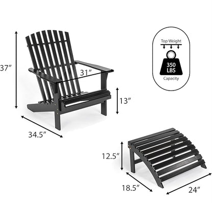 JONATHAN Y ADK1000C Saranac 2-Piece Traditional Rustic Acacia Wood Adirondack Chair with Detachable Ottoman Classic, Coastal, Cottage, Vintage, Farmhouse, Black