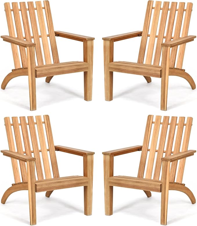 Tangkula Adirondack Chair Acacia Wood Outdoor Armchairs, Weather Resistant for Patio Garden Backyard Deck Fire Pit, Lawn Porch Furniture & Lawn Seating, Campfire Chair, Adirondack Lounger (4, Natural)